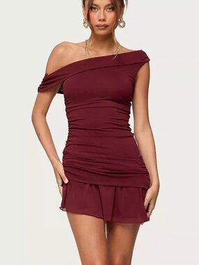 Edikted Women's Gesibelle Off Shoulder Mesh Mini Dress Burgundy XS